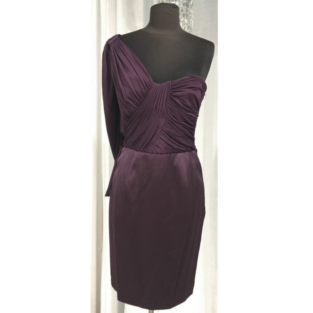 one shoulder plum dress One Shoulder Pleated Column Gown