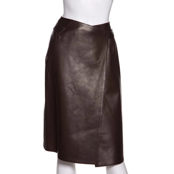 CHANEL Brown Leather Cross-Over Skirt Size 38