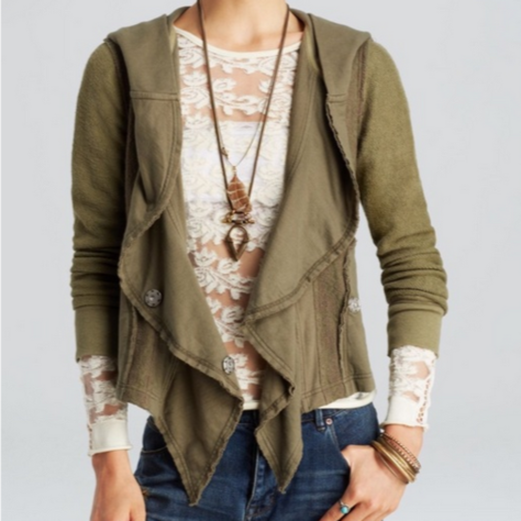 FREE PEOPLE Olive Green Clementine Lace Inset Hoodie Size XS