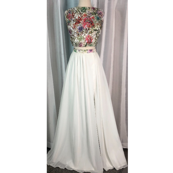 TERANI COUTURE White Multi-color Beaded Long Two-Piece Size 16