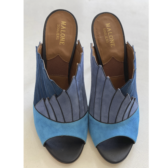 MALONE SOULIERS Donna Blue Fanned Suede Mule Sandals Size 40 w/ Box