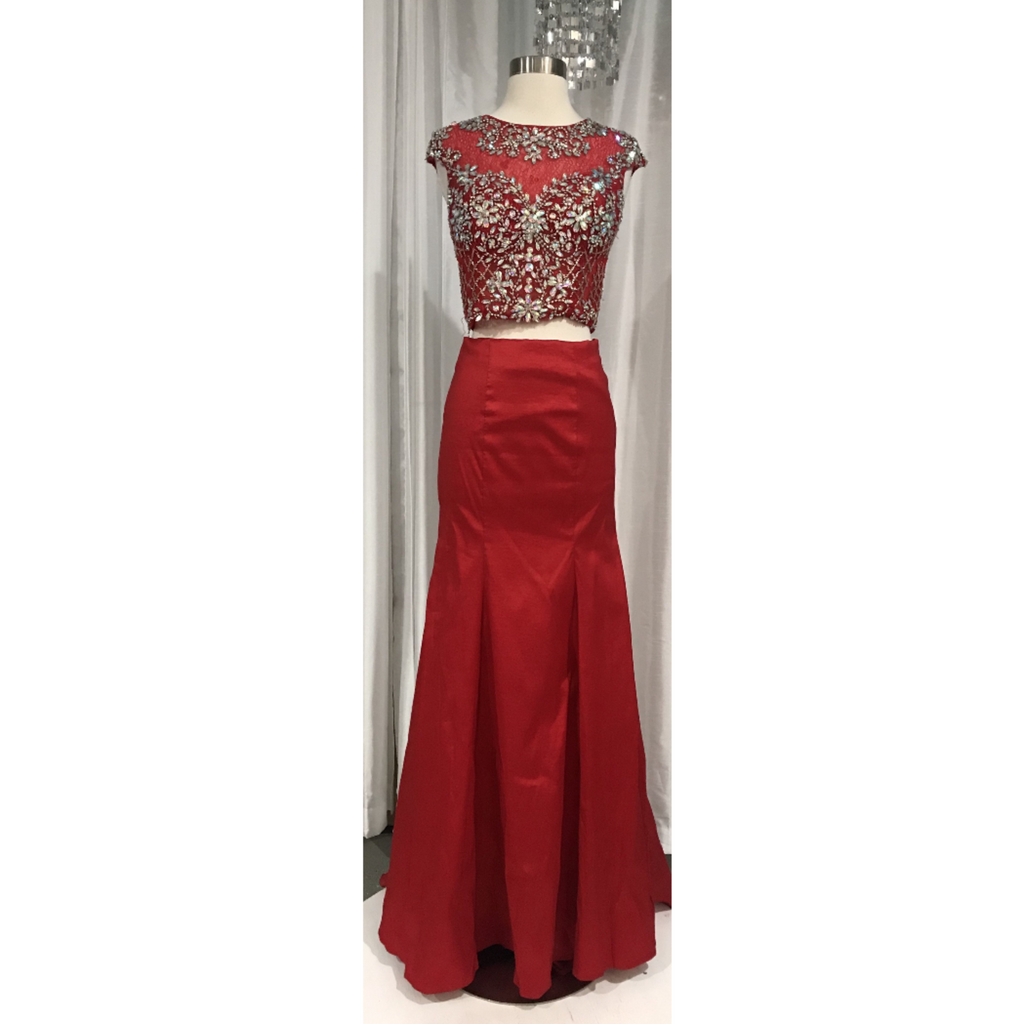 BOUTIQUE Long Red Two Piece Gown With Beaded Top Size 8