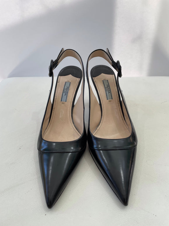 PRADA Black Brushed Leather Pointed-Toe Slingback Kitten Heel Sandals Size 38 (8)