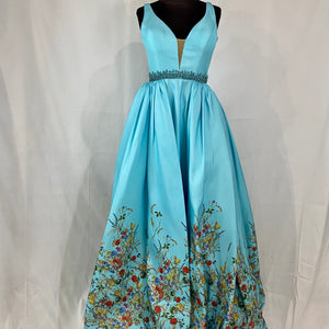 SHERRI HILL V-Neck Taffeta Column Gown with Floral Border Print Skirt Size 4