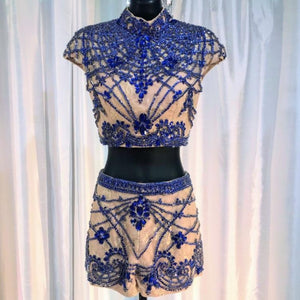SHERRI HILL COUTURE Blue & Nude Two-Piece Embellished Sleeve Cap Pageant Outfit Size 0