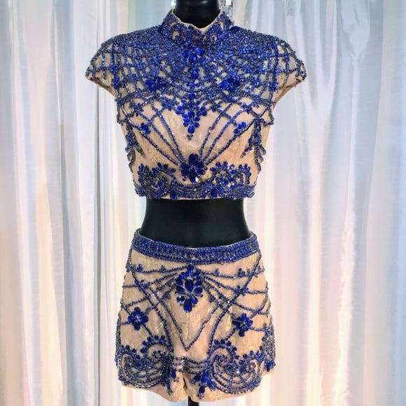 SHERRI HILL COUTURE Blue & Nude Two-Piece Embellished Sleeve Cap Pageant Outfit Size 0