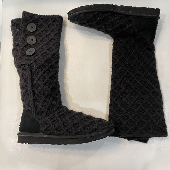 UGG BLACK TALL LATTICE CARDY KNIT SWEATER BOOTS Size 8