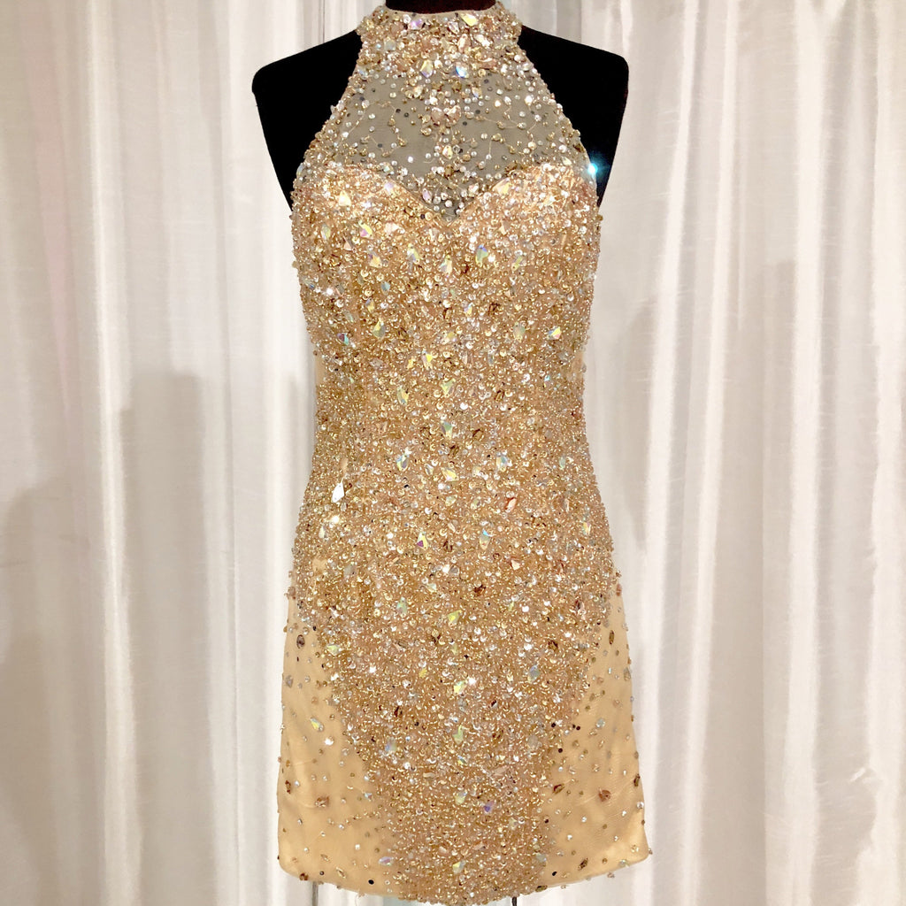 AMELIA COUTURE Champagne Gold Short Halter Dress Size 4