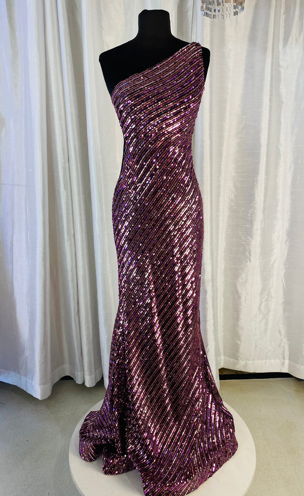 JOVANI Style #3470 Long One Shoulder Black and Purple Sequin Trumpet Gown Size 4
