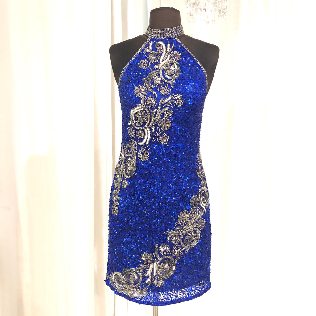 RACHEL ALLAN Short Royal Blue & Gunmetal Form Fitting Gown Size 4