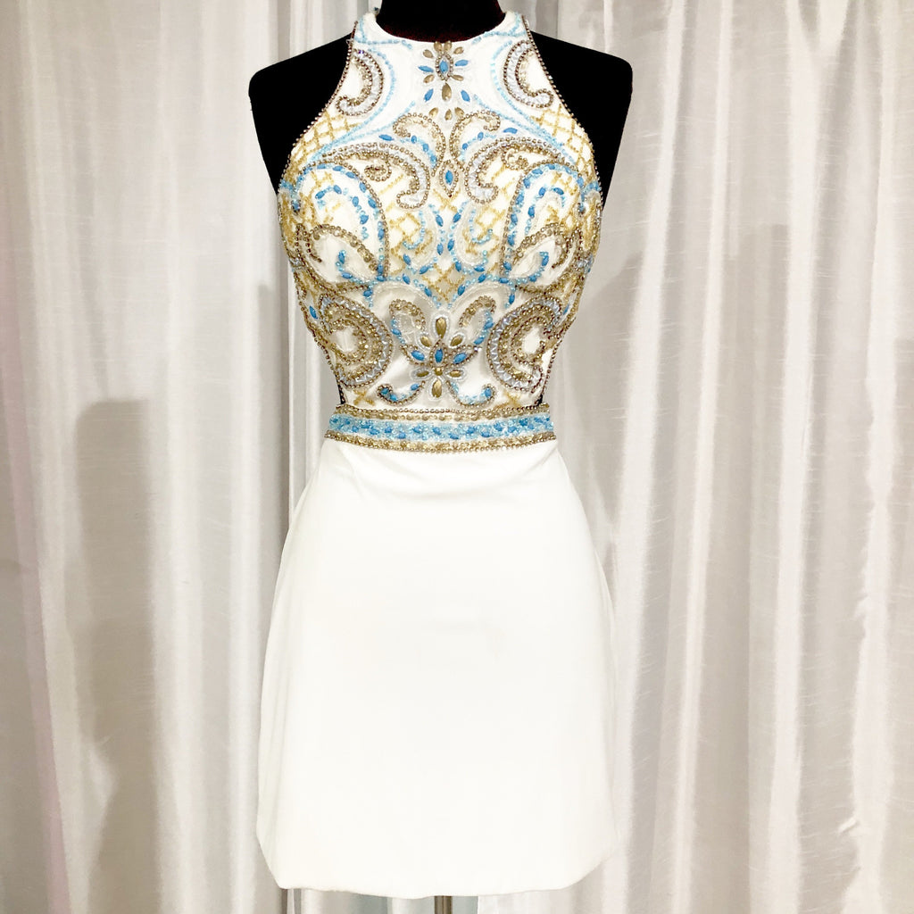 CLARISSE White & Multi-color Embellished Top Short Dress Size 9/10