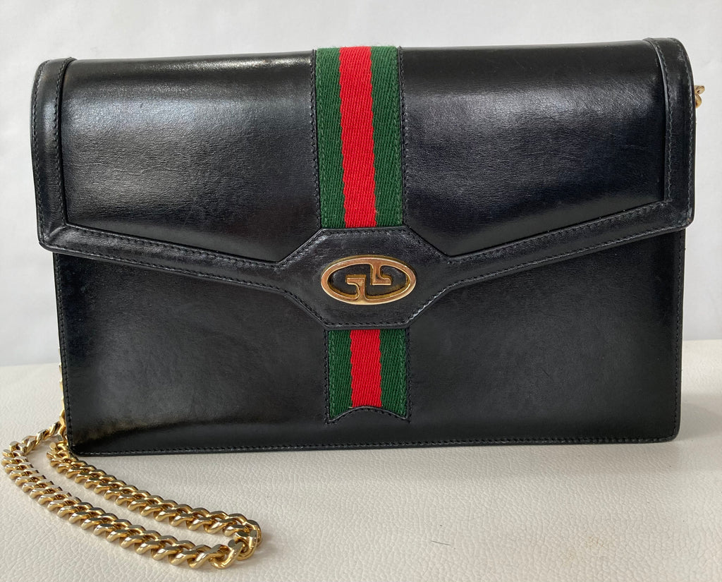 GUCCI VINTAGE GG WEB LEATHER CHAIN BAG