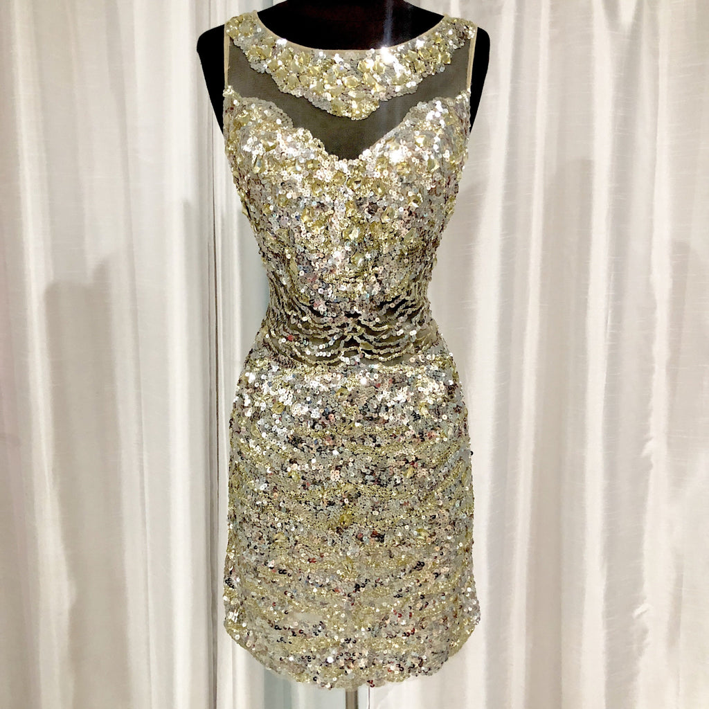 MAC DUGGAL Silver & Gold Sequin Short Dress Size 2