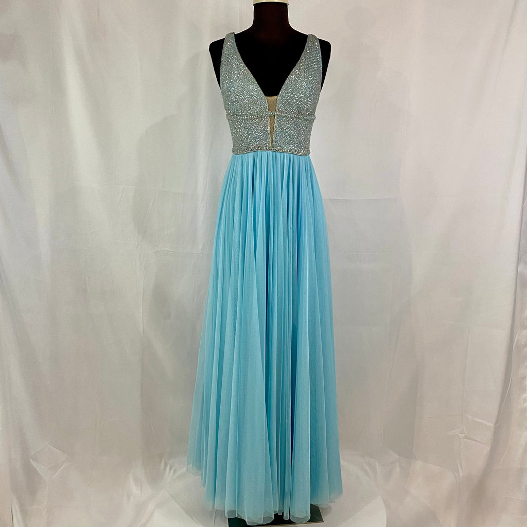 SHERRI HILL 52589 Light Blue Chiffon A-line with Plunging Neckline Beaded Bodice & Spaghetti Straps Size 4