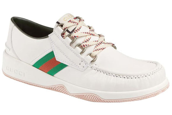 GUCCI White Web Lace Up Leather Agrado Boat Shoes Size 9-9.5