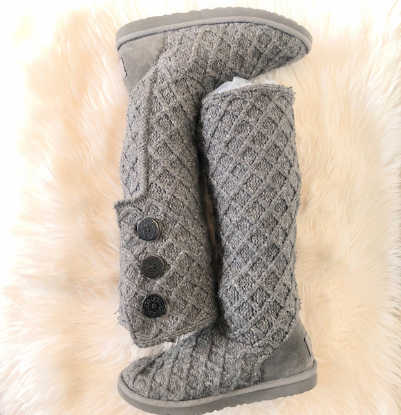 UGG GRAY TALL LATTICE CARDY KNIT SWEATER BOOTS SIZE 7