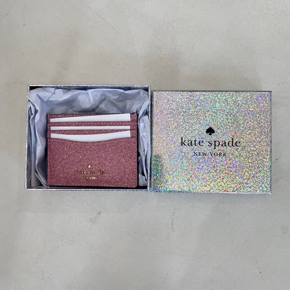 KATE SPADE Small Slim Glitter Card Holder Blush NWT