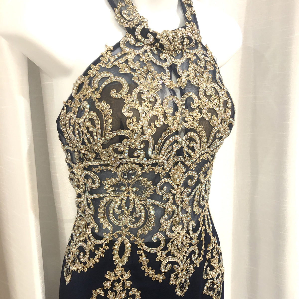 ENVIOUS COUTURE Navy & Gold Sheer Halter Long Dress Size 12 – Style ...