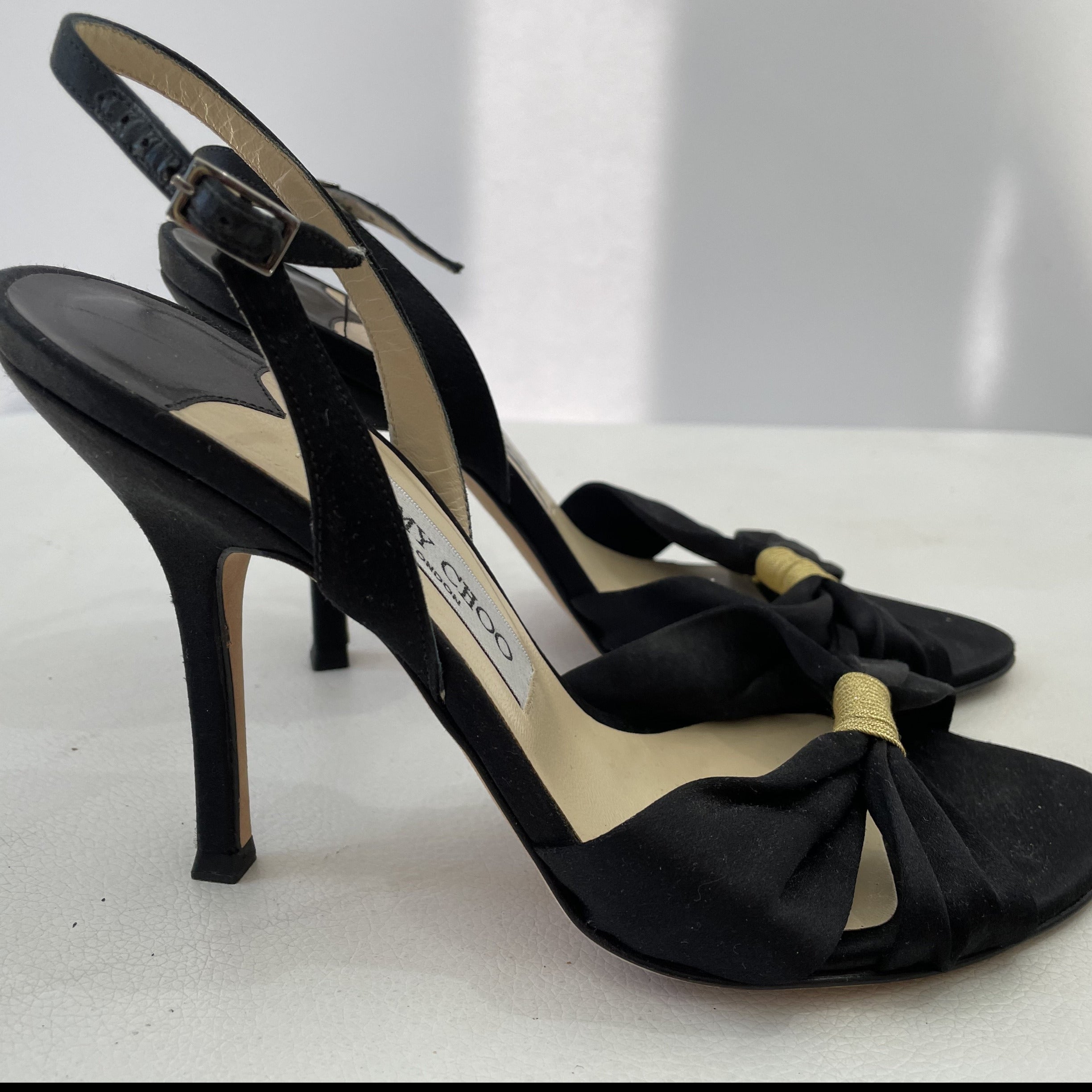 JIMMY CHOO Black Satin Open-Toe Slingback Kitten Evening