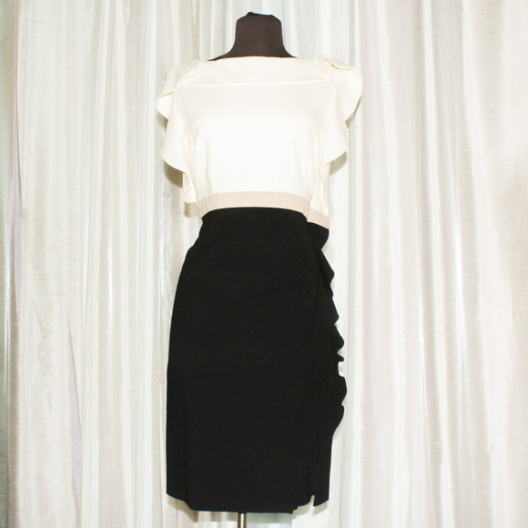 VALENTINO Cream White, Black & Pink Bateau Neckline Knee-Length Dress Size 8