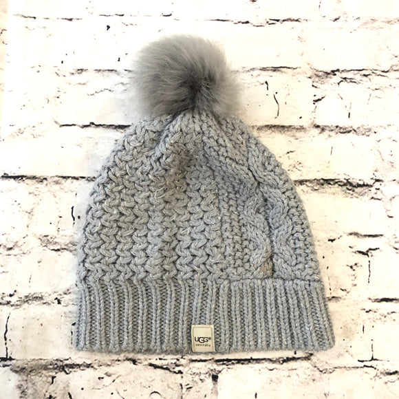 UGG Gray Chunky Knit Beanie With Pom One Size