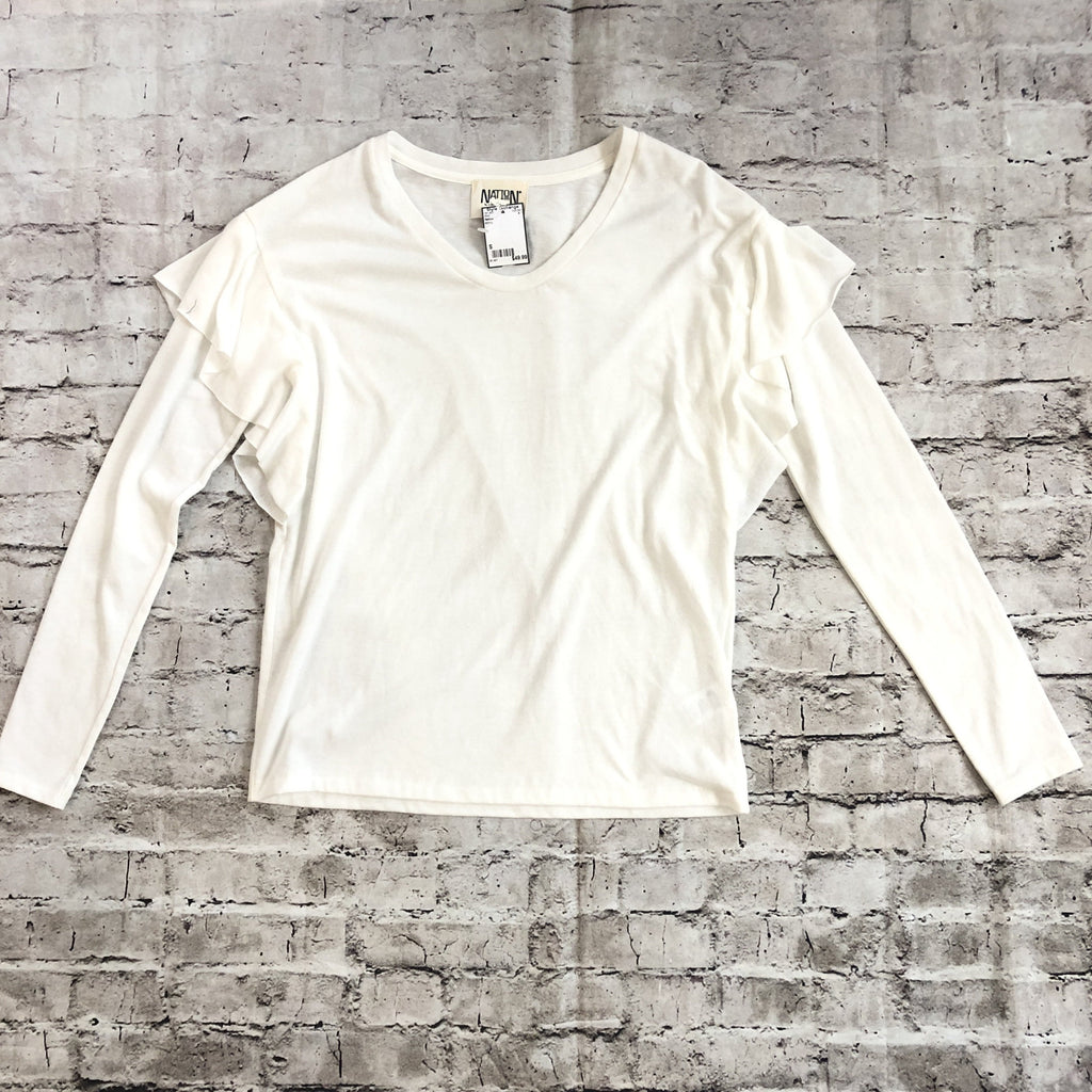 NATION LTD Ivory Tribeca Drop Shoulder Ruffle Long-Sleeve Shirt Size S NWT