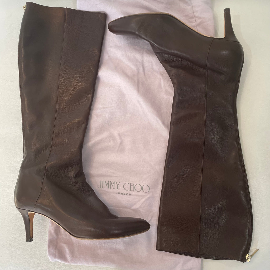 JIMMY CHOO Dark Brown Leather Knee High Boots Size 37 w/ Dustbag