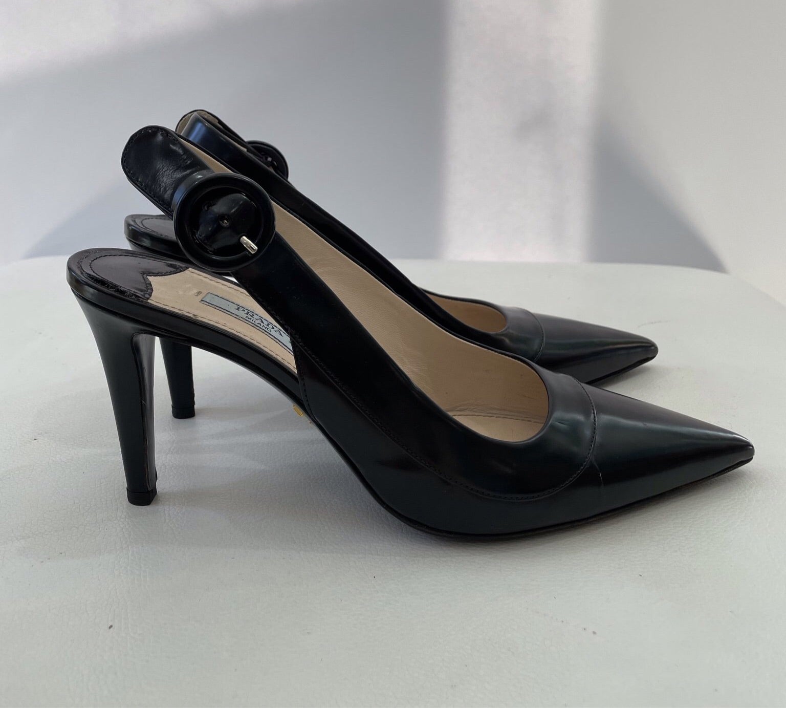PRADA Black Brushed Leather Pointed-Toe Slingback Kitten