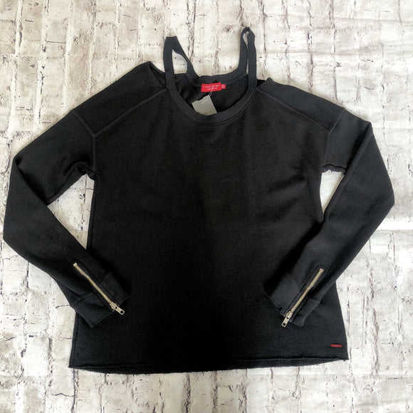 PHILANTHROPY Black Petra Zip Raw Hem Distressed Pullover Sweatshirt Size S