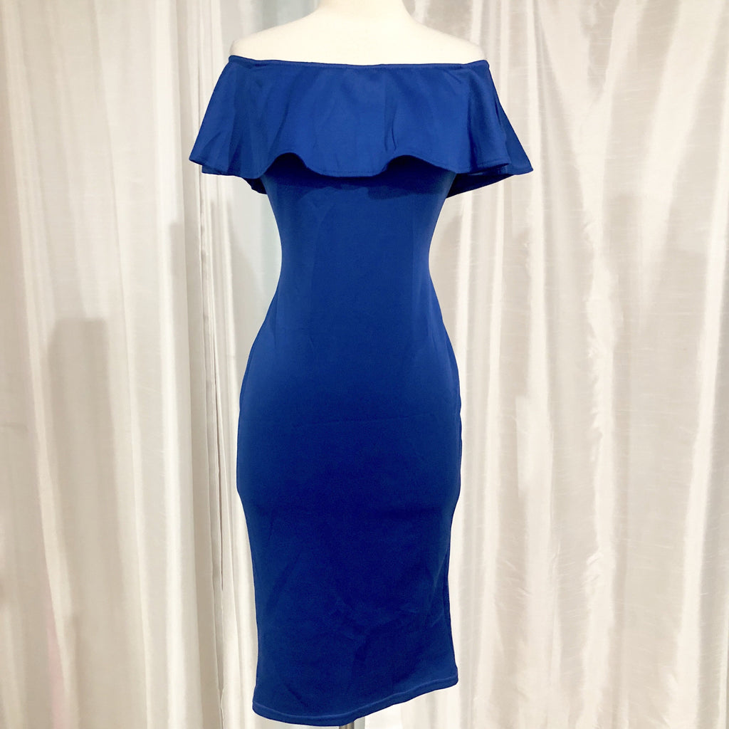 BOUTIQUE Royal Blue Tea Length Off-The-Shoulder Ruffle Top Dress Size S