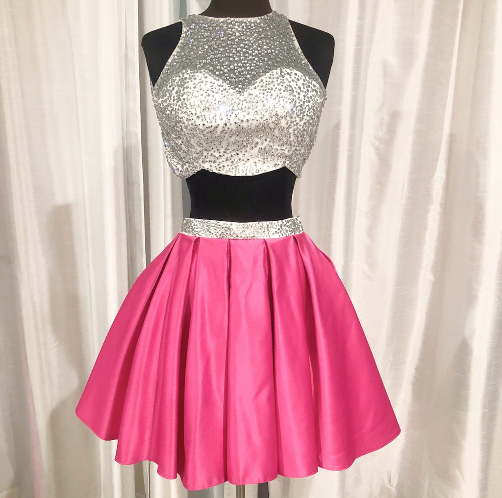 pink and white two piece prom dress Two Piece High Neck Pink Long Prom Dress with Lace