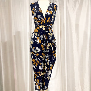 BOUTIQUE Navy & Floral Tea Length Faux Wrap Short Dress Size S