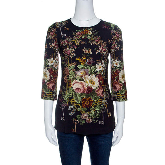 DOLCE & GABBANA Black Key and Floral Print Long Sleeve Top Size 42 (L) NWOT