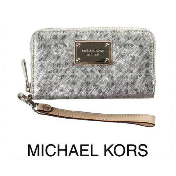 MICHAEL KORS Gunmetal Silver Metallic Mirrored MK Logo Zip Around Wallet Wristlet