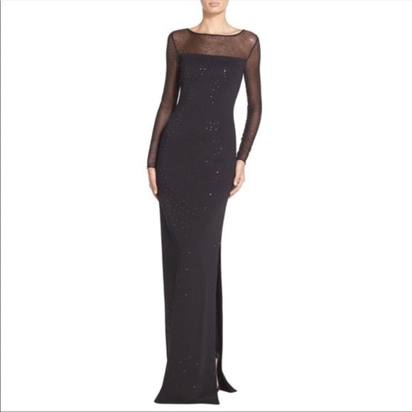 ST. JOHN COLLECTION K18F030 Caviar Shimmery Milano Knit Long-Sleeve Gown Size 10 NWT