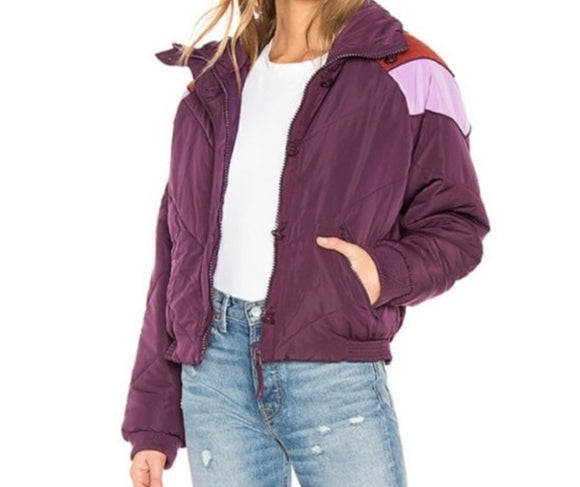 FREE PEOPLE Wine Purple Heidi Chevron Ski Puffer Jacket Size L