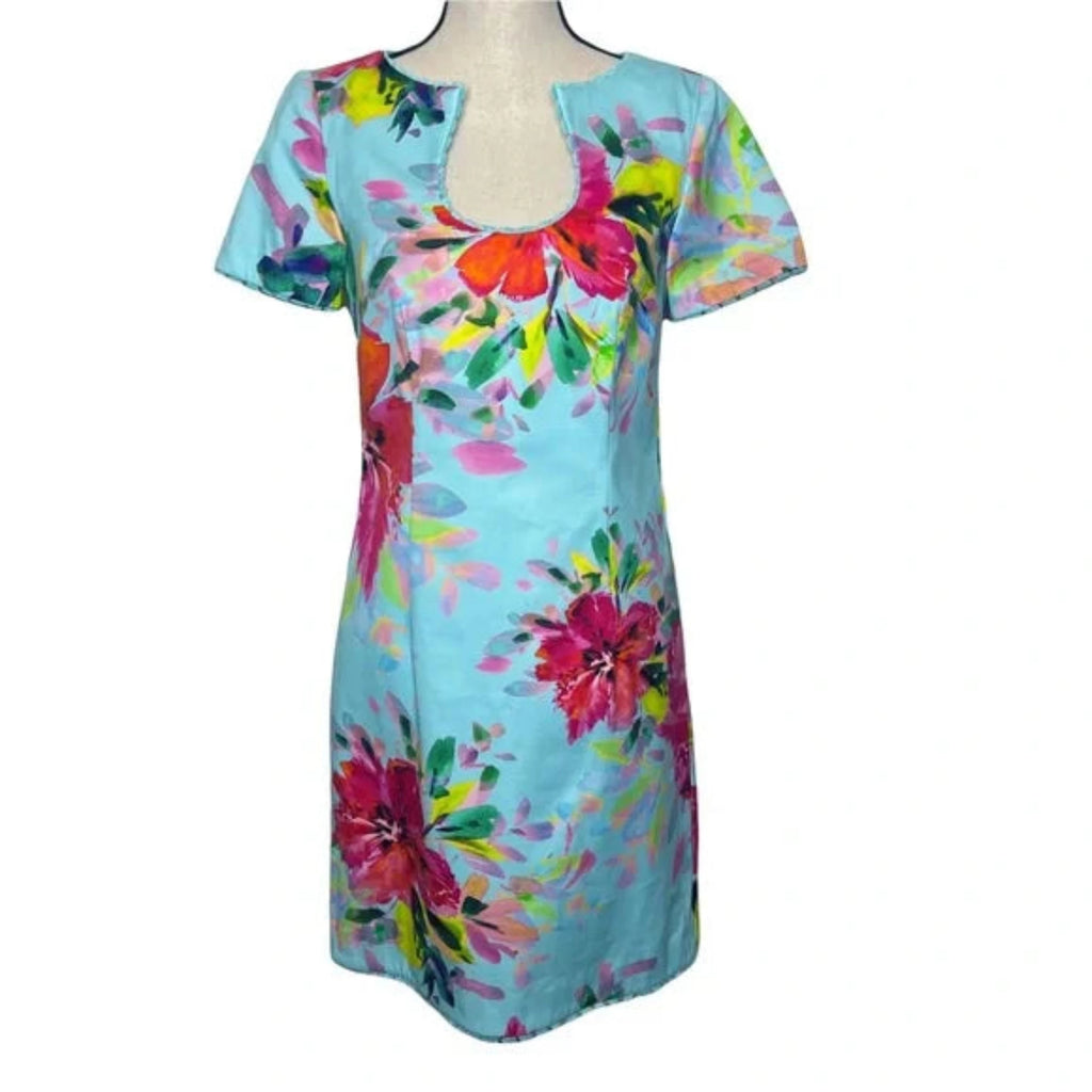 TRINA TURK Blue Rashida Floral Frayed Trim Sheath Cocktail Dress Size 6