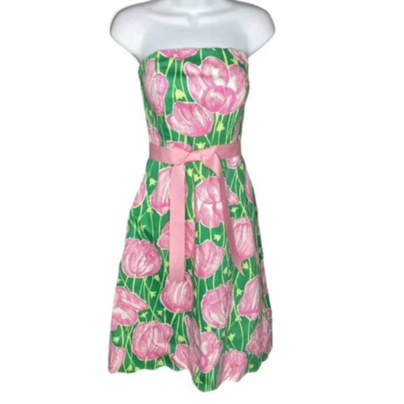 LILLY PULITZER Green Pink Tulips Strapless Lined Vintage Dress Size 16