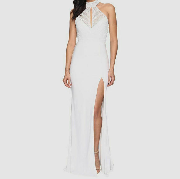 FAVIANA COUTURE 243295 White Ivory Ruched Lace Halter High Slit Dress Size 2