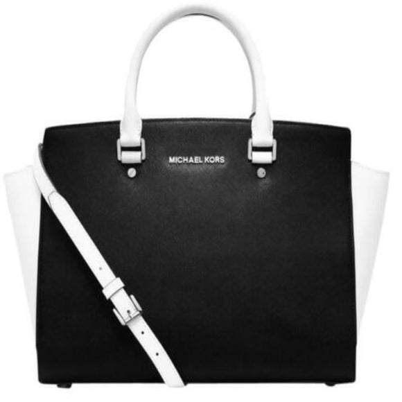 MICHAEL KORS Black Optic White Saffiano Selma Leather Satchel Bag